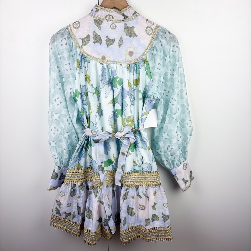 INA Rhythm Trimmed Billow Mini Dress Floral Blue Gold Puff Long Sleeve NEW Small - Picture 8 of 10